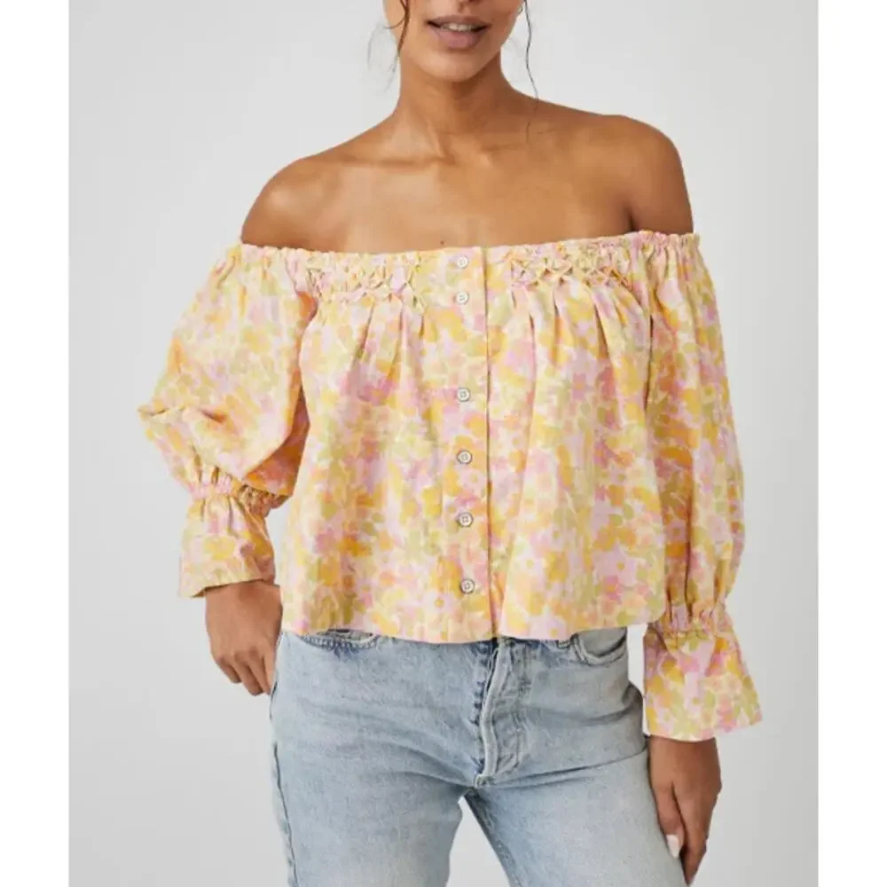 Free People Pastel Floral Off-Shoulder Button Front Top